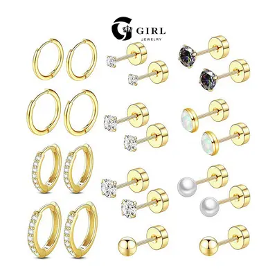GGIRL 11 Pairs Earrings Set 18K Plated Stainless steel for Multiple Piercing Sensitive Ears Stainless steel Hypoallergenic Small Cartilage Huggie Hoop Artificial zirconium Earrings Chic Gorgeous Jewelry As Gift for Girlfriend, Elegant Minimalist Earring