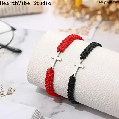 Unisex Hand-Woven Cross Motif Polyester Cord Adjustable Slider Bracelets Set, Elegant Minimalist Cuff Bangles for Couples, Religious Jewelry Gift for Anniversary Wear