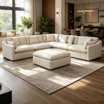 Niccae Greeley Ivory 6-Piece Configurable Fluffy Feather Blend Cloth Cushion Durable Modular Combination Sofa Set - Contemporary Upholstered Sectional with Fixed Arms, Indoor Couches for Living Room for Extended Lounging Furniture