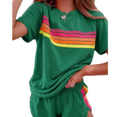 2 Piece Lounge Sets for Women Summer Rainbow Striped Tops Casual Shorts Color Blocked Suit Sweatshirts Set, thin version