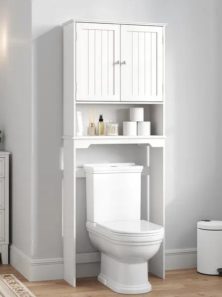 Over the Toilet Storage Cabinet, Bathroom Storage Cabinet Over Toilet with Double Doors and Adjustable Shelf, Freestanding Toilet Rack for Bathroom, Black