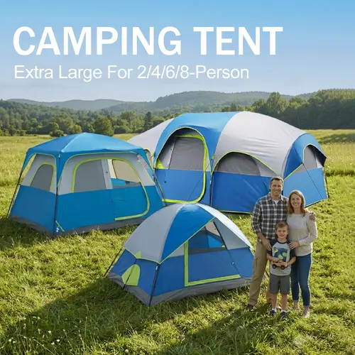 Sweetcrispy Extra Large 2/4/6/8-Person Family Camping Tent, 14ft x 9ft x 78in High, Waterproof Windproof Outdoor Tent with Power Cord Access, 5-Minute Easy Setup for Group Hiking & Travel