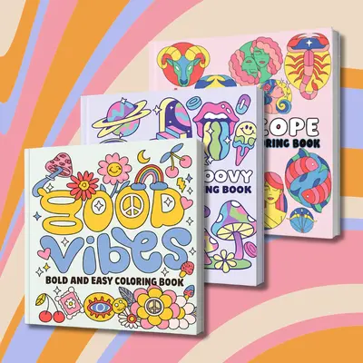 3-Pack Retro Vibe Calming Coloring Books Bundle - Office Stationery Art Supplies with Zodiac Sign Designs, Thick Lines, Stress Relief, Relaxation, Creativity Boost (Crayon-Compatible)