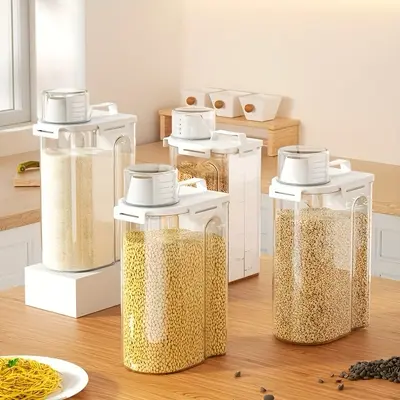 4 Pc 2.5L Rice Dispenser Storage Containers, Rice Container with Measuring Cup & Pour Spout, Kitchen Plastic Airtight Container for Cereal, Grain, Flour, Sugar, Oatmeal, Dry Pet Dog Food