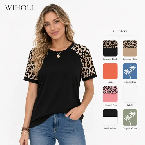 WIHOLL SwimWeek Women's Casual Polyester Colorblock Short-Sleeve Raglan Shirts, Summer-Spring Fashion Vacation Outfits