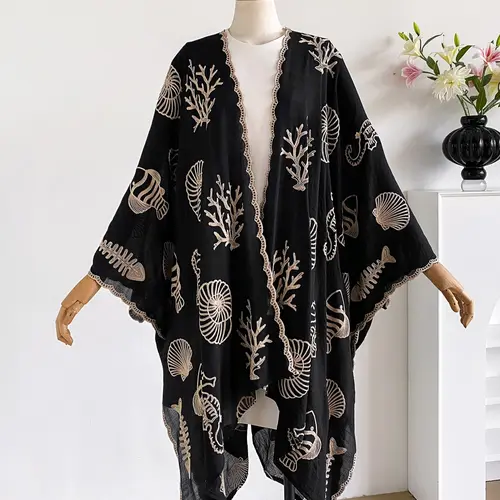 Boho Ocean Embroidered Split Scarf, Loose Fit, Elegant Style, All Seasons, Perfect for Beach Vacations, Commuting, Dates
