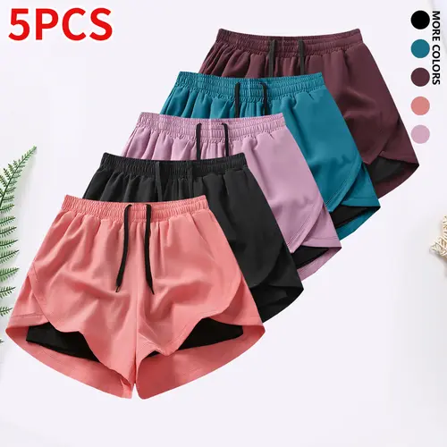5-piece set, women’s shorts set with built-in lining, drawstring, elastic waistband — suitable for running, fitness, and outdoor activities; running gear | casual sportswear; women’s shorts, summer bottoms,summervibes