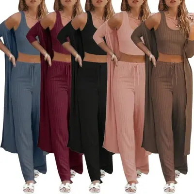 2026 Three-Piece Set Women's Solid Lounge Robe & Cami Top & Elastic Waist Pants with drawing, Pyjama Set, Casual Comfy Three-piece Sleepwear Set for Women, Long Sleeve Open Front Outwear, Ladies Sleepwear for All Seasons Pajamas, Medium-Weight Fabric,summ
