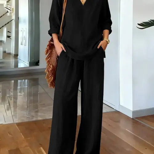 Women's 2-Piece Casual Lightweight Loungewear Set, V-Neck Loose Long-Sleeve Pullover Top and Wide-Leg Pants, Lightweight and Comfortable, Womenswear