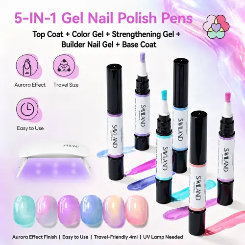 SAVILAND 5-in-1 Gel Nail Polish Pen, Aurora Effect Gel Nail Pen with Base Color Top Coat in One, Easy Apply UV/LED Curing Nail Polish Pen, Travel-Friendly No-Mess Manicure for DIY Nail Art Gel Nail Supplies Glossy