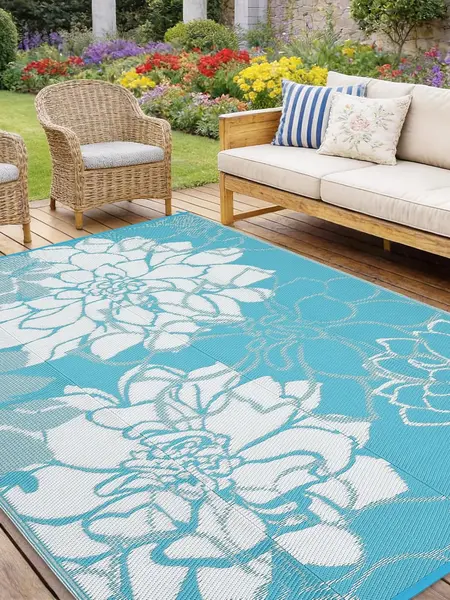 Outdoor Rug Patio Waterproof Reversible Plastic Straw Rug, Large UV-Resistant Portable RV Camping Mats with Storage Bag & 4 Stakes, Floral Carpet for Outside Deck Porch Garden