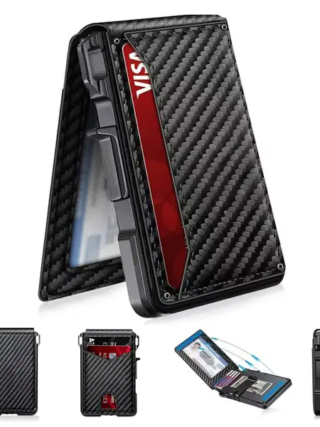Men's Minimalistallet with RFIDProtection. This bholds 10-13cards and featurecash clip and IDwindow. Craftedum alloy, itboasts a dual-foldd is equippedwith a push-button card ejection slot.