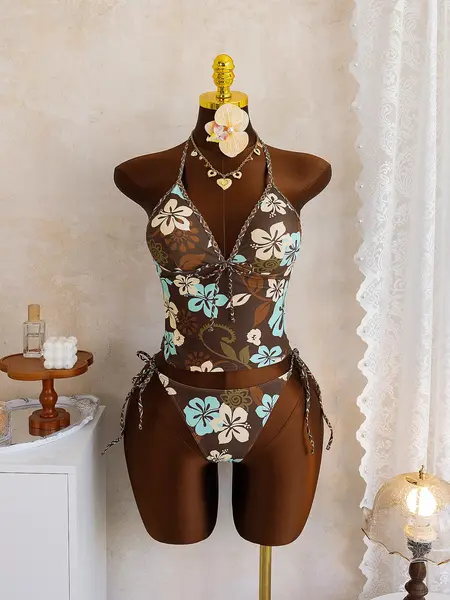 Women's Fashion Tankini Set, Tropical Floral Print Two-Piece Swimsuit with Braided Trim, Perfect for Beach Vacation & Pool Party, Summer Tankinis Set