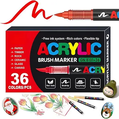 36 Color Acrylic Paint Pens, Soft Brush Tip Acrylic Paint Markers,Quick-Drying Waterproof Acrylic Markers for Canvas, Rock Painting, Wood, Stone, Glass, Ceramic, Fabric Painting, DIY Crafts，Back To School Gifts