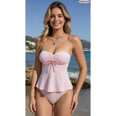 Women's 2-Piece Pink Striped Strapless Slim-Fit Kawaii Tankini Swim Sets for Women, Trendy Bathing Suit for Beach Vacation, Pool Party, Two Piece Set