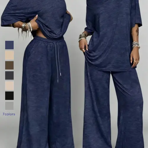 Women's Casual Solid Color Sports Two-Piece Set, Loose Asymmetrical Neckline Top and Wide-Leg Pants Set, Spring & Fall Fashion Wear, Athleisure Outfits