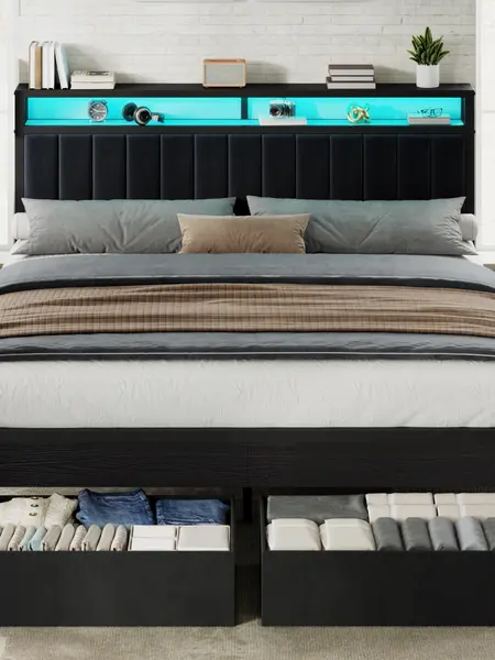 [Summerwins] AMERLIFE Bed Frame with LED Light and 2 Storage Drawers, Metal Platform Bed with Storage Headboard, Velvet Upholstered, Heavy-Duty Slats, No Box Spring Needed, Easy Assembly