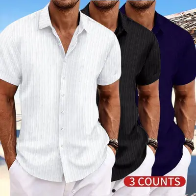 Men's Casual Short Sleeve Button Down Shirt – Striped Polyester Dress Shirts for Summer Beach Vacation, Business Casual & Daily Wear, Solid Color Loose Fit Top