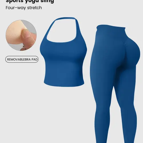 Women's Plain Sporty Workout Sets, Activewear Workout Set, Halter Backless Sports Bra & High-Waisted Tight Pants, Ideal for Gym, Yoga and Outdoor Activities, Fitness Sportswear Set, Gym Yoga Outfits