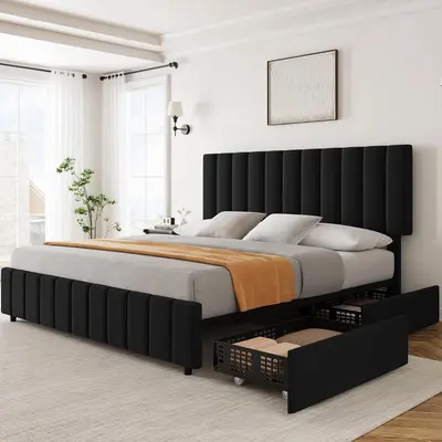 Full/Queen/King Size Bed Frame – Linen Upholstered Platform Bed Frame with 4 Storage Drawers, Adjustable Height Headboard, No Box Spring Needed, Easy Assembly