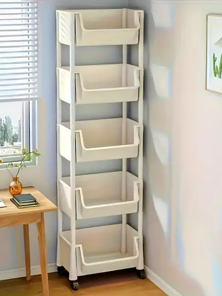 #Multifunctional Multi-Layer Plastic Storage Cartwith Wheels, Layered Shelf Organizer for BedroomKitchen Bathroom Living Room  Beige Display Stand
