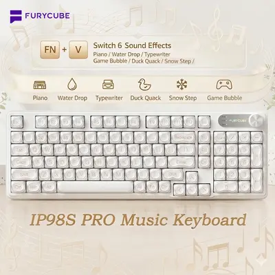 FURYCUBE IP98S Pro Music Foudation Keyboard, 6 Sound Effect, 98 keys with Media Knob Transparent Keycaps Tri-Mode BT/2.4GHz/USB-C Cute Funny Keyboard with Number Pad, Mechanical Feel, RGB Backlit Work/Office/Gaming Silent Keyboard, Gift, Summerwins