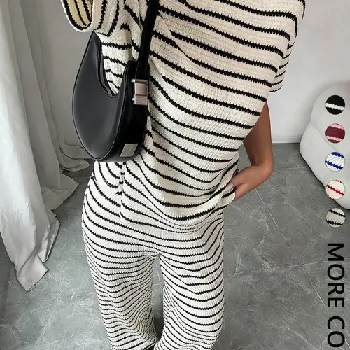 Women's Striped Short Sleeve Round Neck T-Shirt and Casual Long Pants Stripe Matching Set, Comfortable Home Wear, Essential Fashion Womenswear