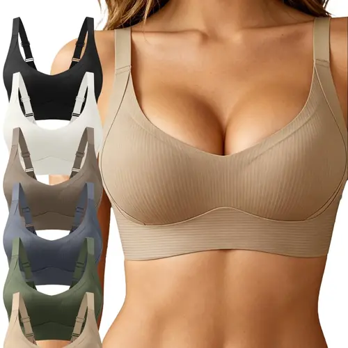 6 Pcs Women's Push Up Bras - Seamless Built-In Padded Bralettes, Wide Straps, Fixed Cups, Side Breast Coverage, Ultra-Soft Support, Breathable No Underwire Casual Bralettes for Everyday Wear