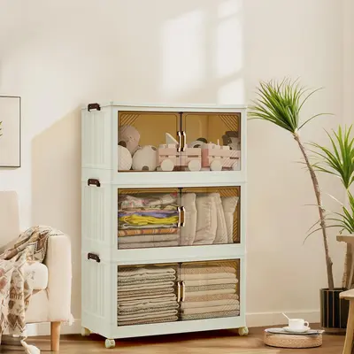 Garvee 243QT Stackable Storage Bins with Lids, Plastic Storage Drawers Featuring Magnetic Doors and Wheels, Foldable Collapsible Closet Organizers Ideal for Home, Dorm, and Office Use in White