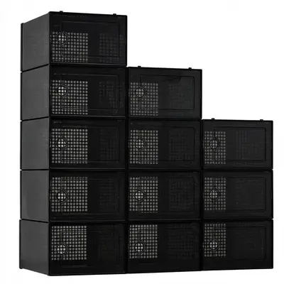 Garvee 12 Pcs Shoe Boxes, Transparent Stackable Plastic Shoe Organizer Containers with Lids for Women/Men, Black