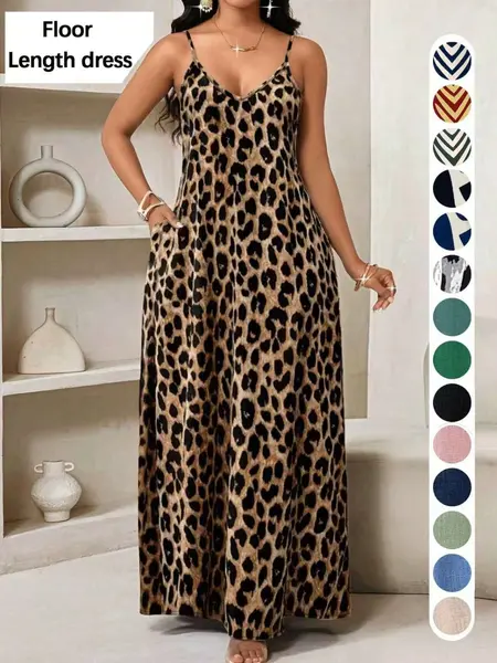 Summer Leopard Print Dress, Long A-Line Maxi Dress, Casual V-Neck Dress with Pockets, Loose-Fit Beach Dress, Casual Wear, Chic, Elegant