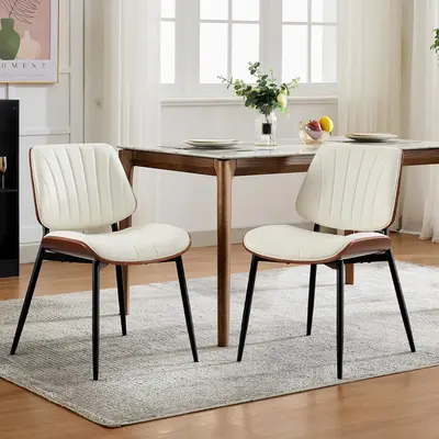 Garvee Dining Chairs Set of 2, Mid Century Modern Kitchen Chairs with Walnut Bentwood Back and Metal Legs, Upholstered PU Leather Dining Room Chair for Kitchen Living Room, White