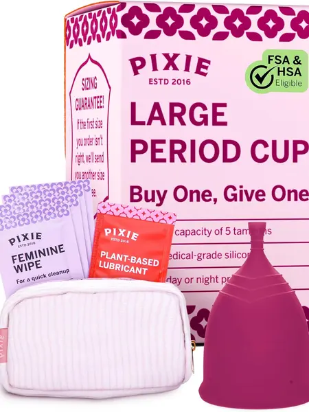Pixie Menstrual Cup for Feminine Care - Ranked 1 for The Softest Reusable Period Cup - Wear 12 Hours - 100% Medical-Grade Silicone - Tampon Alternative (Large, Plum)