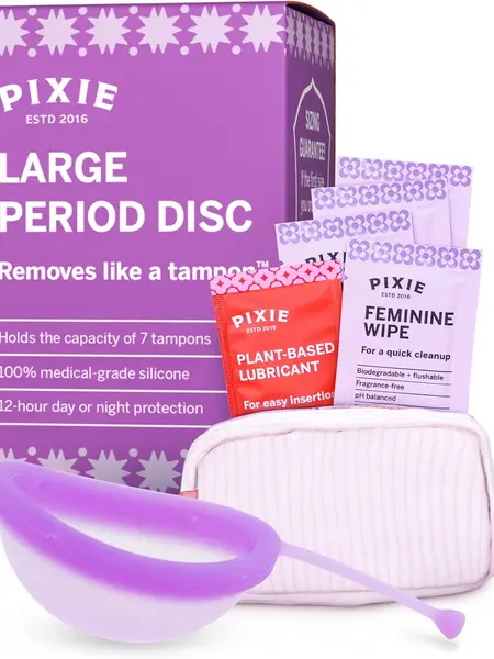 Pixie Menstrual Disc for Feminine Care - Ranked 1 for Best Tampon Alternative Period Disc - 100% Medical-Grade Silicone - Removes Like a Tampon - Wear 12 Hours - Capacity of 7 Tampons (Large, Purple)