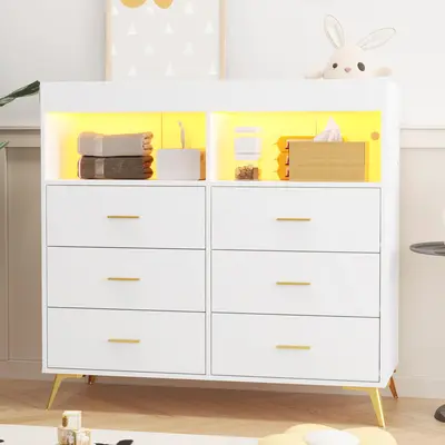 Garvee Multi-functional Baby Changing Table Dresser with 6 Drawers, LED Lights, USB Charging Station, Power Outlet, Storage Organizer, and Changing Pad - Available in White and Pink