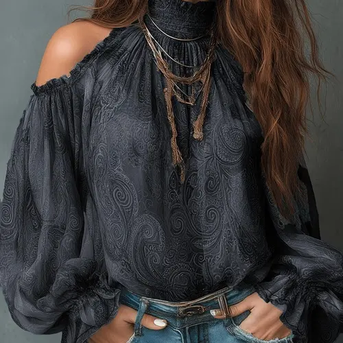 Women's Vintage Off-Shoulder Printed Paisley Loose Blouse Shirt Top, Elegant Retro Design for Casual or Formal Wear, Unique Fashion Piece