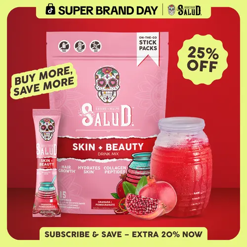 Salud 2-in-1 [Skin + Beauty] Powder Stick Dietary Supplement Drink Mix, Collagen Peptides (Verisol), Hyaluronic Acid, Vitamin C, Biotin, Lustriva, Gluten-Free, Hydration, Skin & Hair Support, For Men & Women (15 Servings)