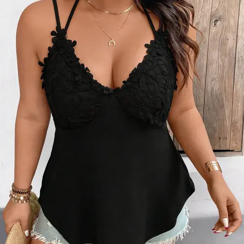Plus Size Women's Lace Trim Halter Top, Sexy V-Neck Waist Cinch Slimming Outerwear Innerwear Shirt, Fashionable Ladies' Clothing