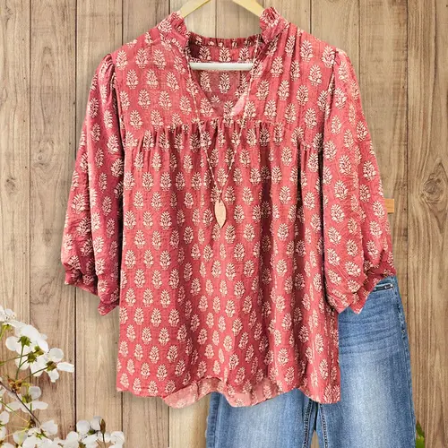 SageVell 100% Cotton Blue/Rose Pink/Brown/Green Charming Vintage Floral Printed V Neck Flowvy Blouse Women's Cozy 3/4 Sleeve Top