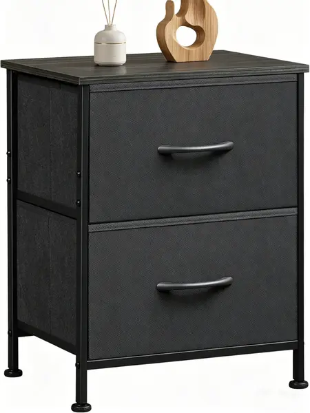 Durable Modern Black Nightstand - 2-Drawer Bedside Cabinet with Wooden Top, Removable Fabric Storage Bins, Compact Bedroom Decor End Table for Home, College Dorm