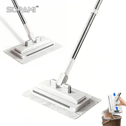 SOPAMI Retractable Disposable Dust Mop, Hands-Free Automatic Clamp, Dry & Wet Dual Use, Replaceable Non-Woven Pads, No Hand Wash, Lazy Household Dust Cleaner for Hardwood Floors, Tile Floors and Baseboards