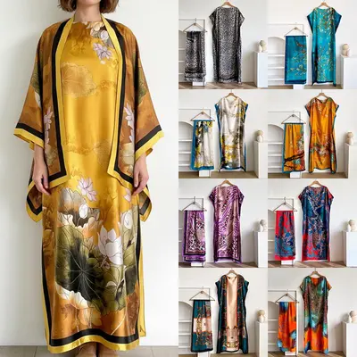 Women Floral Print Kaftan Dress with Matching Headscarf Set Loose Fitting Robes Dress