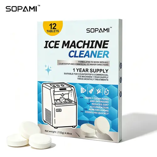 SOPAMI Ice Machine Cleaner Tablets | Practical cleaning tablets with 12 pieces per pack, removes limescale and odors, gentle on stainless steel, ideal for countertop and commercial ice making machines