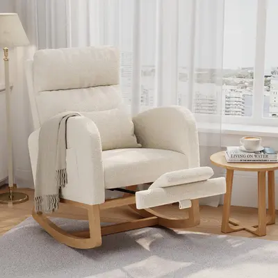 Rocking Chair with Footrest, Modern Nursery Glider Chair with Side Pockets and Pillow, Rocker Chair for Living Room Bedroom Nursing Room