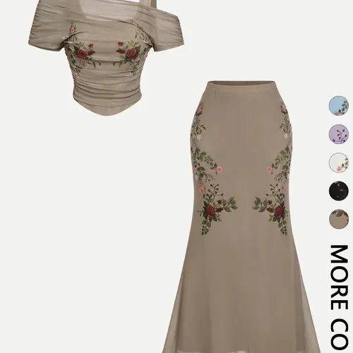2 Piece Trendy Romantic Fairy Floral Print Off Shoulder Top and Midi Skirt Set for Women, Figure Flattering Matching Sets for Date, Vacation and Wedding