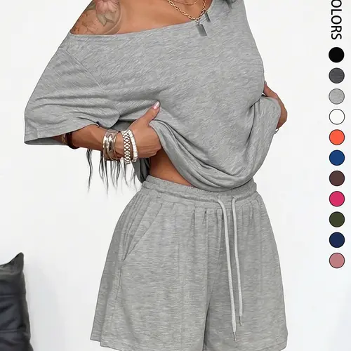 2-Piece Women's Minimalist Basic Daily Wear, Comfortable Loose Off Shoulder T-Shirt and Shorts Outfits, Casual for Summer Going Out and Sports, Trendy Ladies Fashion Ensemble