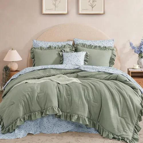 【Deals For You Days】7-Pieces microfiber Comforter Set, Modern Farmhouse Coastal Style Bedding Set with Double Sided Storage Pockets, 1 Singale-Stitch Comforter, 2 Pillowcases, 2 Shams, 1 Flat & 1 Fitted Sheet