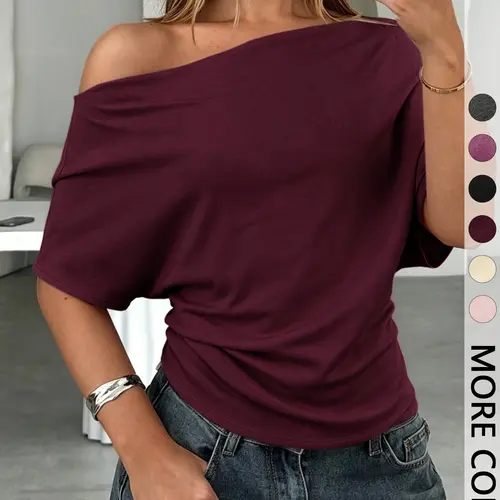 Women's Summer Autumn Casual Plain Asymmetrical Batwing Sleeve Knit T-Shirt, Loose Fit Drop Shoulder Short Sleeve Top