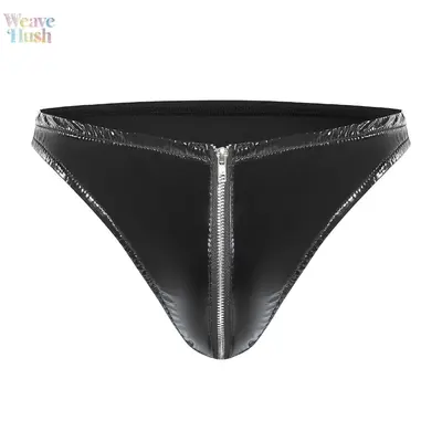 Men's Mirror Bright Leather Briefs, Stylish Zipper Design Leather Panties, Smooth Faux Leather Underwear for Men. Slim fit, comfortable stretch and unique open detail design. Fashion casual intimate apparel, soft skin-friendly material, perfect for nightw