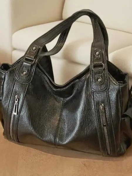 Women's Soft Leather Hobo & Tote Bag, Large Capacity Double Zipper Slouchy Purse, Adjustable Shoulder Strap Crossbody Bag, Casual Commuting Daily Travel Handbag